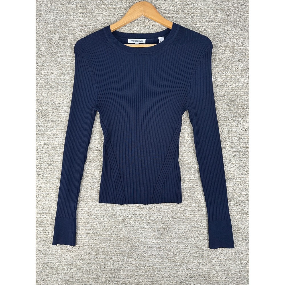 Veronica Beard Navy Blue Ribbed Knit Long Sleeve Crew Neck Top Size M 2411KS1490
